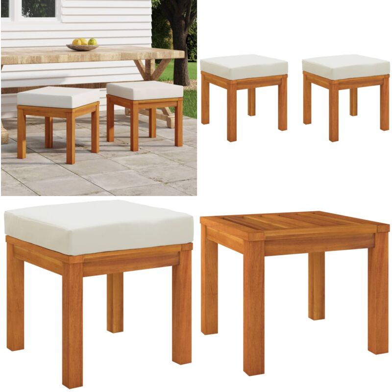 Tabourets de jardin et coussins 2 pcs 40x40x42 cm Acacia solide - tabouret de jardin - tabourets de jardin - Home & Living - Crème