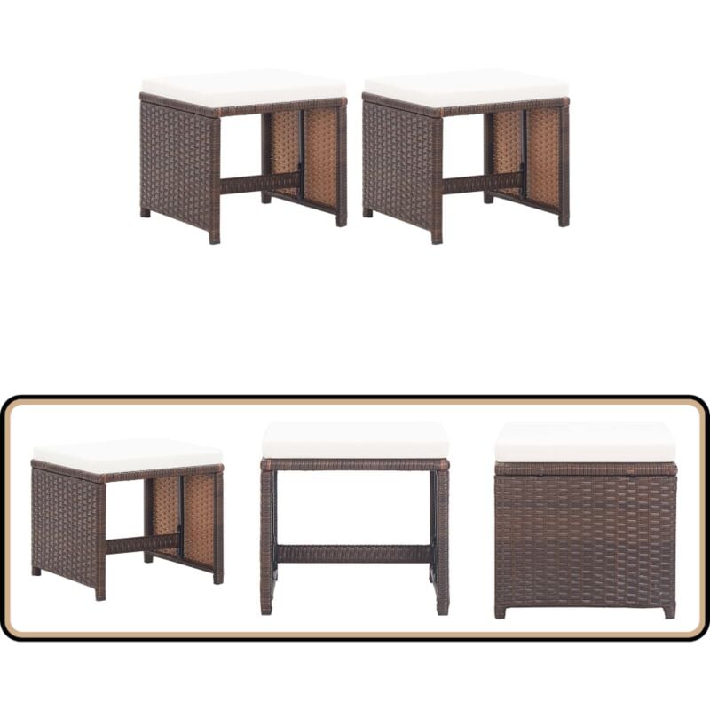 Tabourets de jardin lot de 2 et coussins Résine tressée Marron - Tabourets De Jardin - Chaise De Jardin - Mobilier De Jardin - Résine Tressée