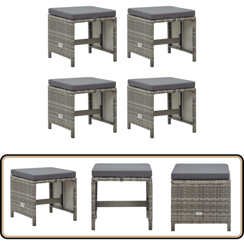 Tabourets de jardin lot de 4 avec coussins Résine tressée Gris - Tabouret De Jardin - Chaise De Jardin - Mobilier De Jardin - Set De Chaises - Résine