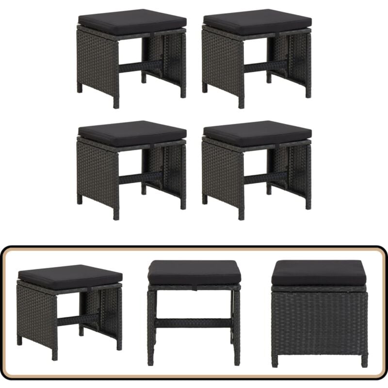 Tabourets de jardin lot de 4 avec coussins Résine tressée Noir - Tabourets De Jardin - Chaise De Jardin - Mobilier De Jardin - Résine Tressée