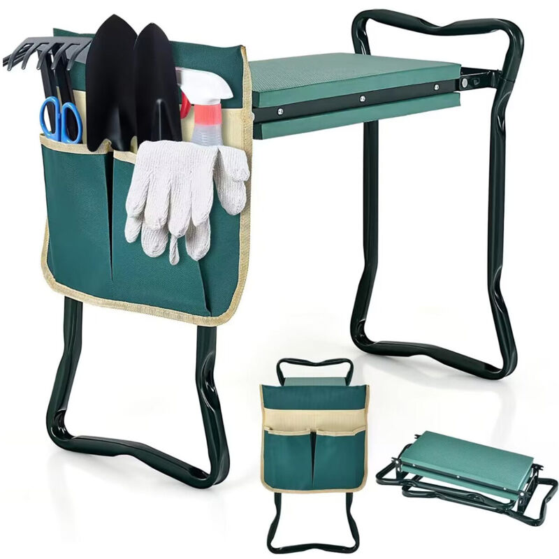 Tabourets de jardinage pliable avec coussin eva genouillère de jardin 2 en 1 cadre en métal avec 1 grande pochette à outils charge 150 kg vert