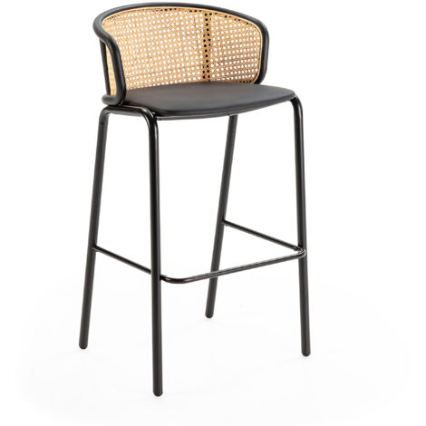 Taburete 51X49X95 Metal Negro/Ratan Natural/P.Piel Negro