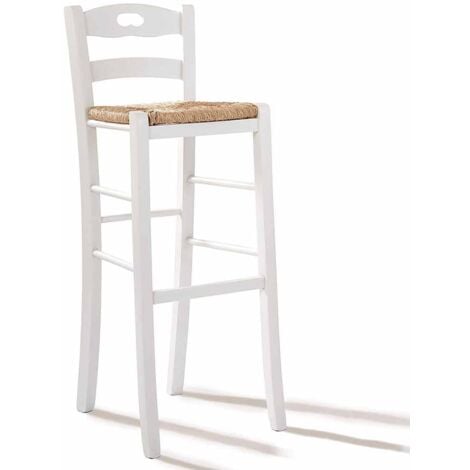 OKAFFAREFATTO Taburete alto de bar con mango de madera blanca y asiento de paja h 80 cm