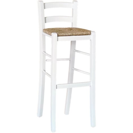 OKAFFAREFATTO Taburete alto de madera blanca con asiento de paja h 80 cm