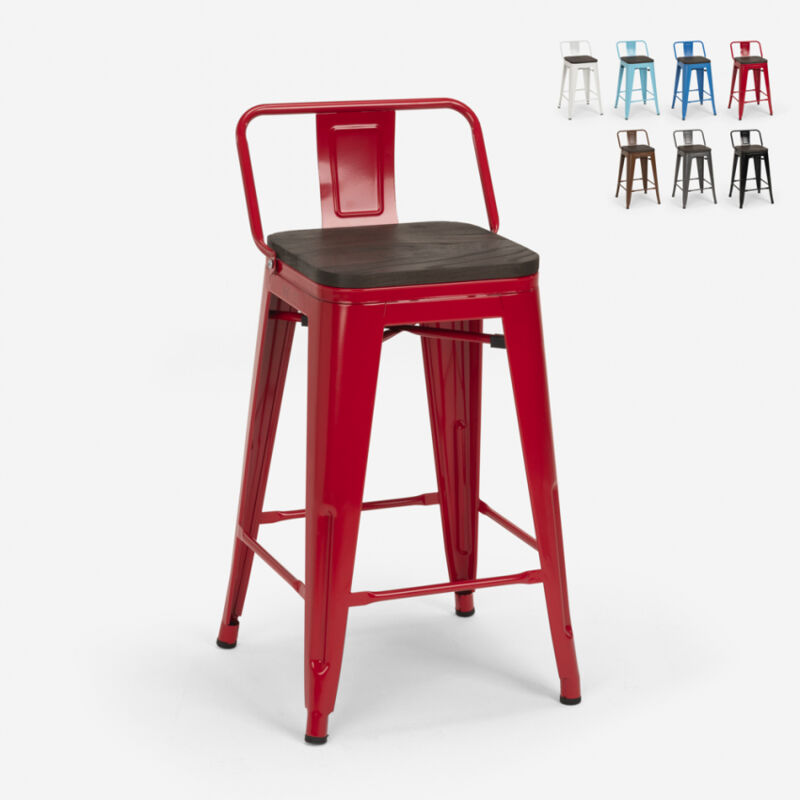 

Taburete alto de diseño industrial de metal y madera, para barra y cocina Tolix Steel Wood Top | Rojo