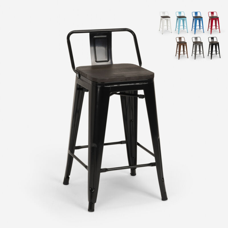 

Taburete alto de diseño industrial de metal y madera, para barra y cocina Tolix Steel Wood Top | Negro