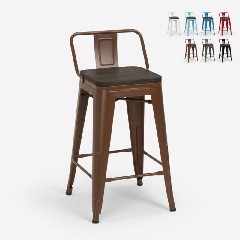 

Taburete alto de diseño industrial de metal y madera, para barra y cocina Tolix Steel Wood Top | Marrón