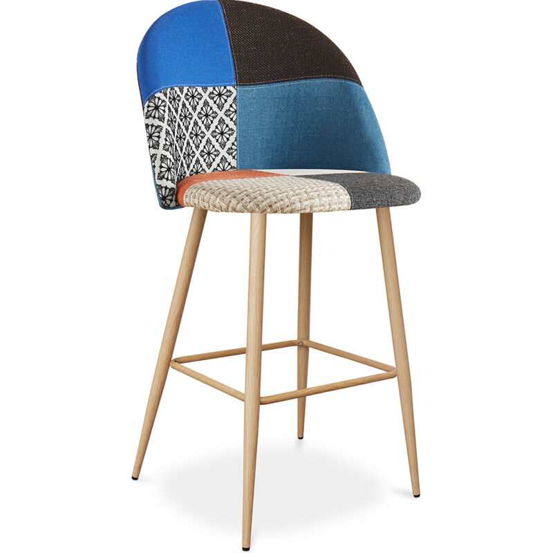 

Taburete Alto Vintage Tapizado Diseño Escandinavo - Patchwork Evelyne Pixi Multicolores Metal con pintura de transferencia de madera, Madera, Tela