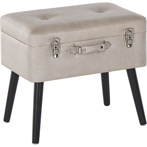 Taburete con almacenaje tapizado en piel sintética beige con patas negras diseño de maleta abotonado Mallard