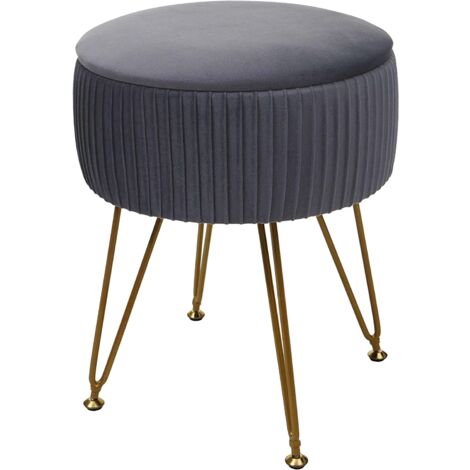 Taburete con compartimento de almacenamiento Ø 33 cm aspecto terciopelo gris claro estructura dorada TABO04012