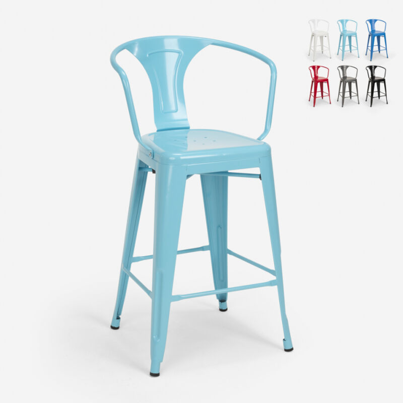 

Taburete diseño industrial para bar y cocina, con respaldo de metal estilo Tolix Steel Back | Azul