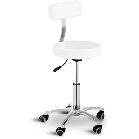 Taburete con ruedas y respaldo para estética - 445-580 mm - 150 kg - Blanco