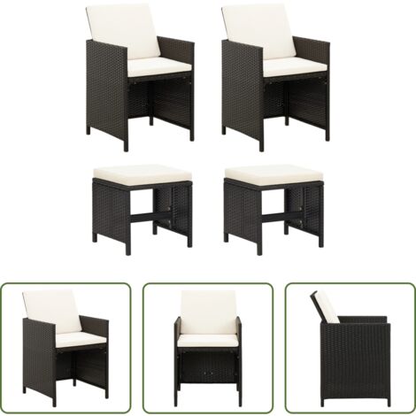 Taburete -  Conjunto de silla de jardín y taburete 4 piezas negra ratán PE