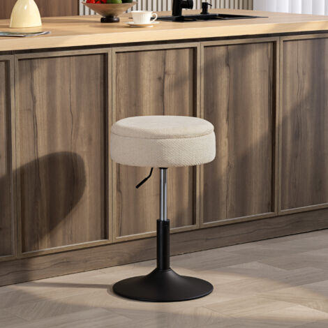 Taburete de Bar con Almacenaje Altura Ajustable Taburete de Cocina Redondo Giratorio Tapizado en Chenilla Beige