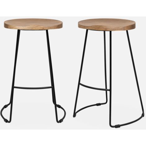 Taburete de bar de madera y acero, set de 2, Jaya, Natural, 44x36x65 cm