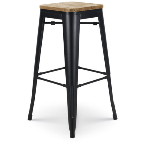 Taburete de bar de metal negro mate de estilo industrial y asiento de madera clara - Altura 76 cm