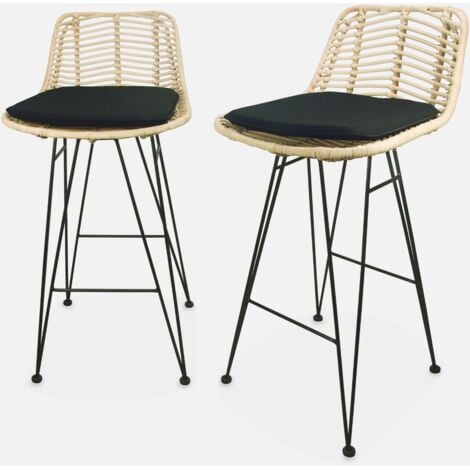 SWEEEK Taburete de bar de metal y ratán, set de 2, Cahya, Negro, 42.5x48x90 cm