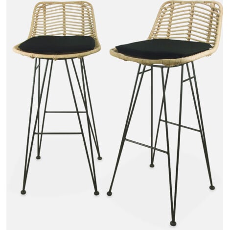 Taburete de bar de metal y ratán, set de 2, Cahya, Negro, 42.5x48x97 cm