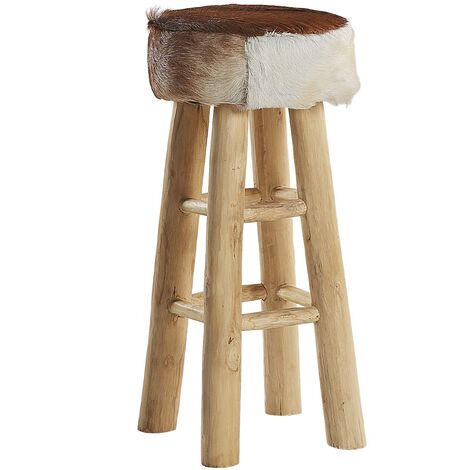 Taburete de bar de piel de cordero con patas de madera de teca estilo rústico Walton