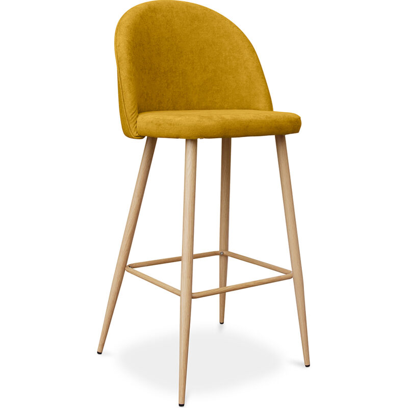 

Taburete de bar Evelyne estilo Diseño Escandinavo Premium - 76cm Amarillo Metal con pintura de transferencia de madera, Tela, Madera