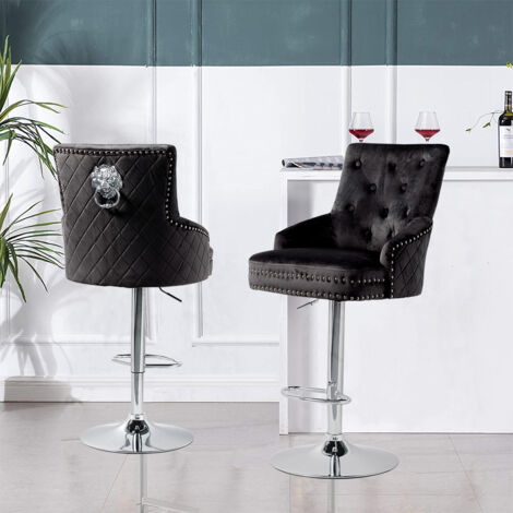 Taburete de Bar Industrial Vintage - Silla de Bar de Metal Cromado y Terciopelo Asiento de Cocina Giratorio de Altura Ajustable - 1 Silla Negra
