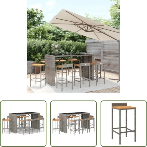 Taburete de bar -  Mesa bar y taburetes jardín 9 pzas madera acacia ratán PE gris