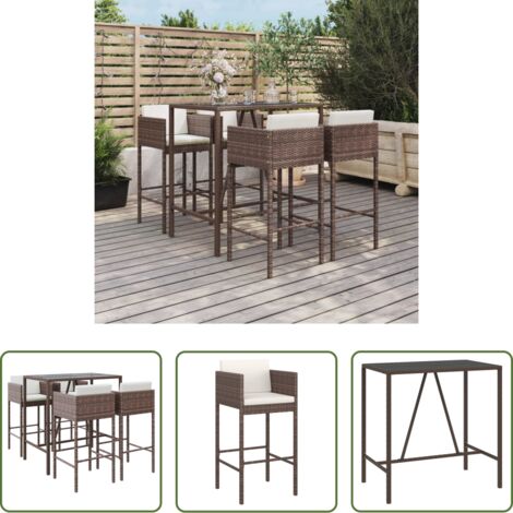 Taburete de bar -  Mesa y taburetes altos jardín 5 pzas y cojines ratán PE marrón
