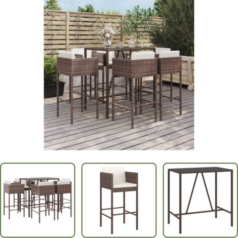 Taburete de bar -  Mesa y taburetes altos jardín 7 pzas y cojines ratán PE marrón