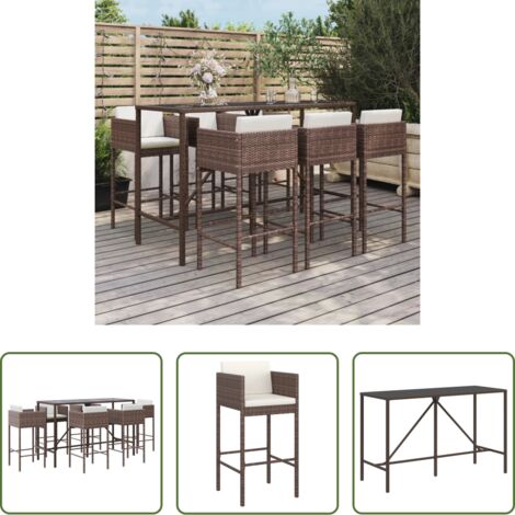 Taburete de bar -  Mesa y taburetes altos jardín 7 pzas y cojines ratán PE marrón