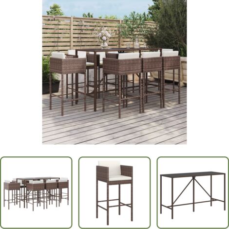 Taburete de bar -  Mesa y taburetes altos jardín 9 pzas y cojines ratán PE marrón