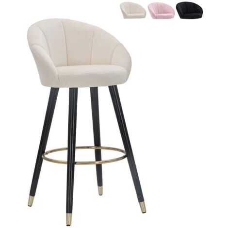 Taburete de bar para cocina en terciopelo con patas de madera negras y doradas h80cm Prague - Crema