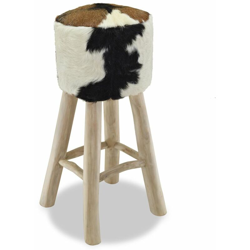 

Happyshopping - Taburete de cocina de cuero autentico y madera de teca maciza