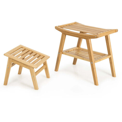 Taburete de ducha con reposapiés 52 x 29 x 44 cm capacidad de peso 150 kg ergonómico estilo natural bambú 200019571