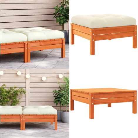 Taburete de jardín con cojín madera maciza de pino marrón cera - Reposapiés de exterior - Madera maciza
