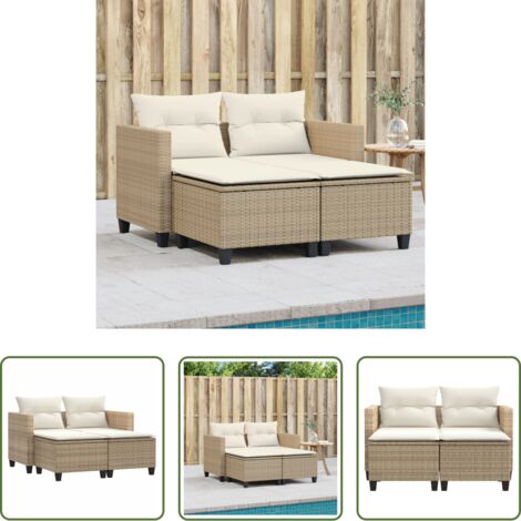 Taburete de jardín -  Sofá de jardín 2 plazas con toldo y taburetes ratán PE beige