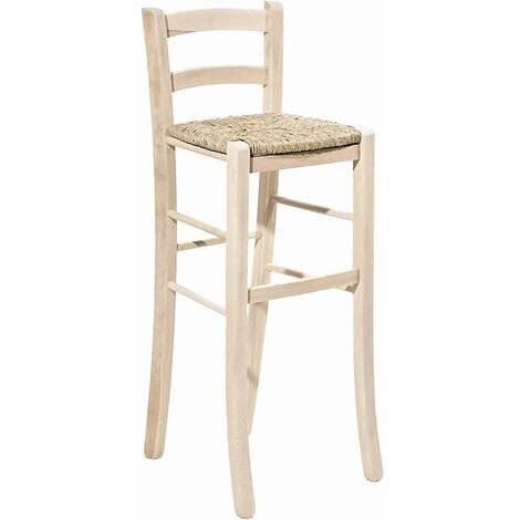 OKAFFAREFATTO Taburete de madera cruda para pintar asiento de paja de 80 cm de altura con respaldo