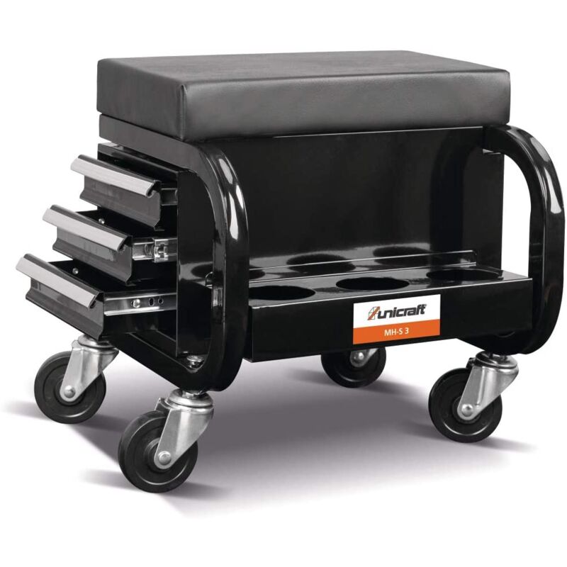 Taburete de montaje Unicraft mh-s 3 (con 3 cajones, altura del asiento 367 mm, asiento acolchado, construcción de acero, con ruedas giratorias, carga