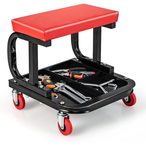 Taburete de taller 2 en 1 con asiento acolchado, bandeja para herramientas y ruedas, para reparación, garaje y almacenamiento de herramientas, capacidad de carga: 150 kg.