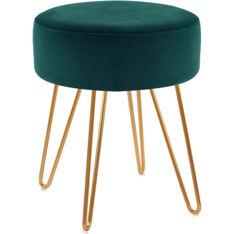 Taburete de tela de terciopelo azul petróleo con patas de metal dorado 35x35x45 cm TABO09055