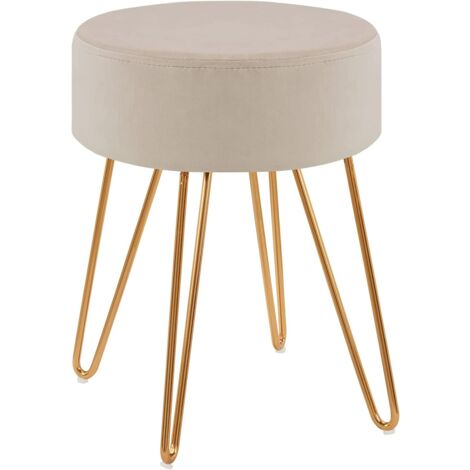 Taburete de tela de terciopelo color crema con patas de metal dorado 35x35x45 cm TABO09078