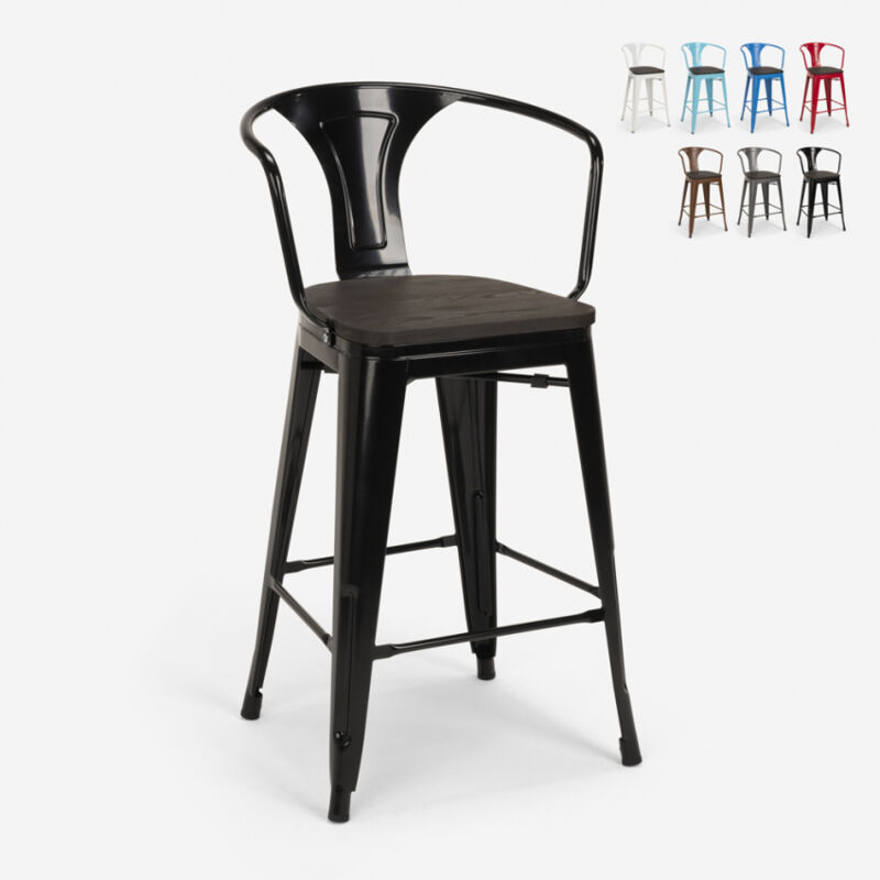 

Taburete de metal y madera con respaldo de diseño industrial estilo Tolix Steel Wood Back | Negro