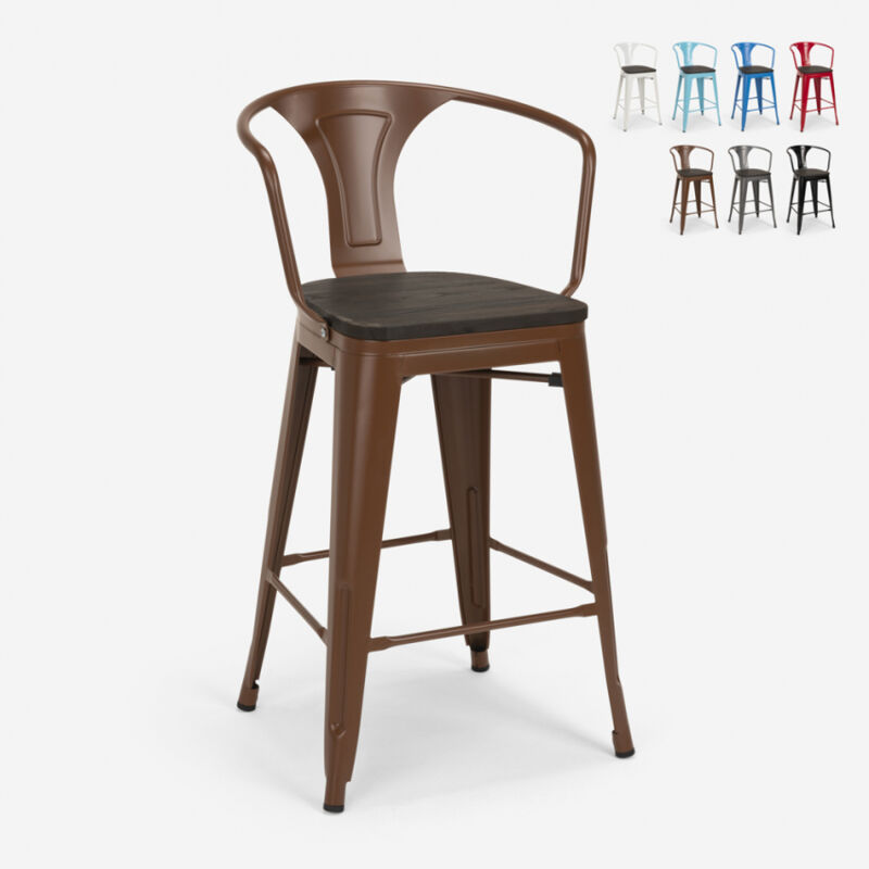 

Taburete de metal y madera con respaldo de diseño industrial estilo Tolix Steel Wood Back | Marrón