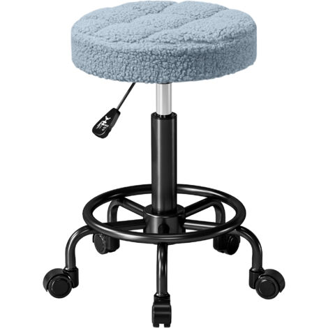Taburete Giratorio Redondo Taburete con Ruedas Altura Regulable 50-66 cm Asiento Tapizado en Tejido de Borreguito Azul