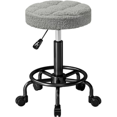Taburete Giratorio Redondo Taburete con Ruedas Altura Regulable 50-66 cm Asiento Tapizado en Tejido de Borreguito Gris