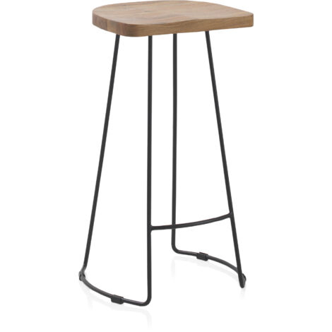 Taburete Madera Maciza De Acacia Con Patas Metalicas Negras