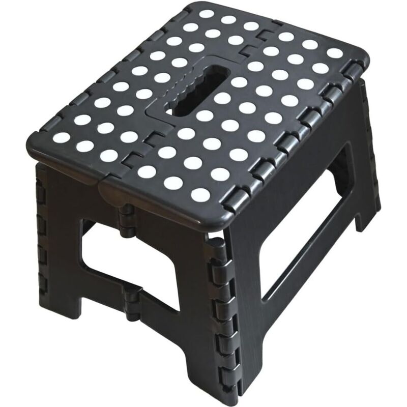 Taburete plegable con asa de transporte, compacto, plegable, taburete de bricolaje, reposapiés, escalera, peso máximo 150 kg (Negro)