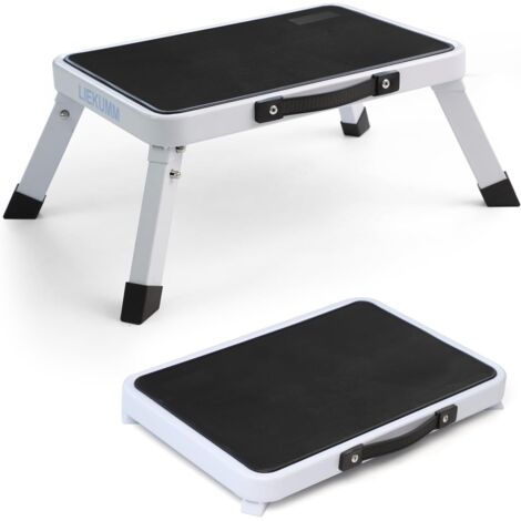 Taburete plegable de 18 cm de alto, capacidad de carga de 150 kg, peldaño ligero de acero para cocina, hogar y caravana, con plataforma antideslizante y pies de goma, color blanco