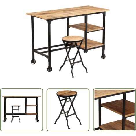 Taburete plegable -  Escritorio y taburete plegable madera maciza mango 115x50x76 cm