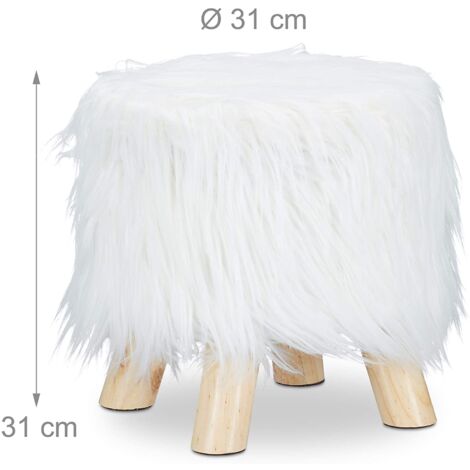 Taburete puf pelo pelo sintético 4 patas madera blanca 130002796
