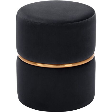Taburete redondo acolchado puf cuello metálico dorado en tejido de terciopelo negro TABO09067